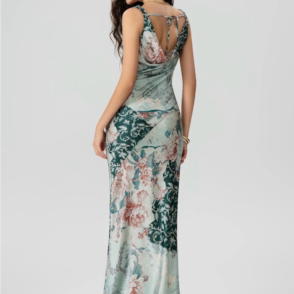 Cider Floral Satin Cowl Maxi Dress - Mint Green & Dark Green - Picture 3 of 5